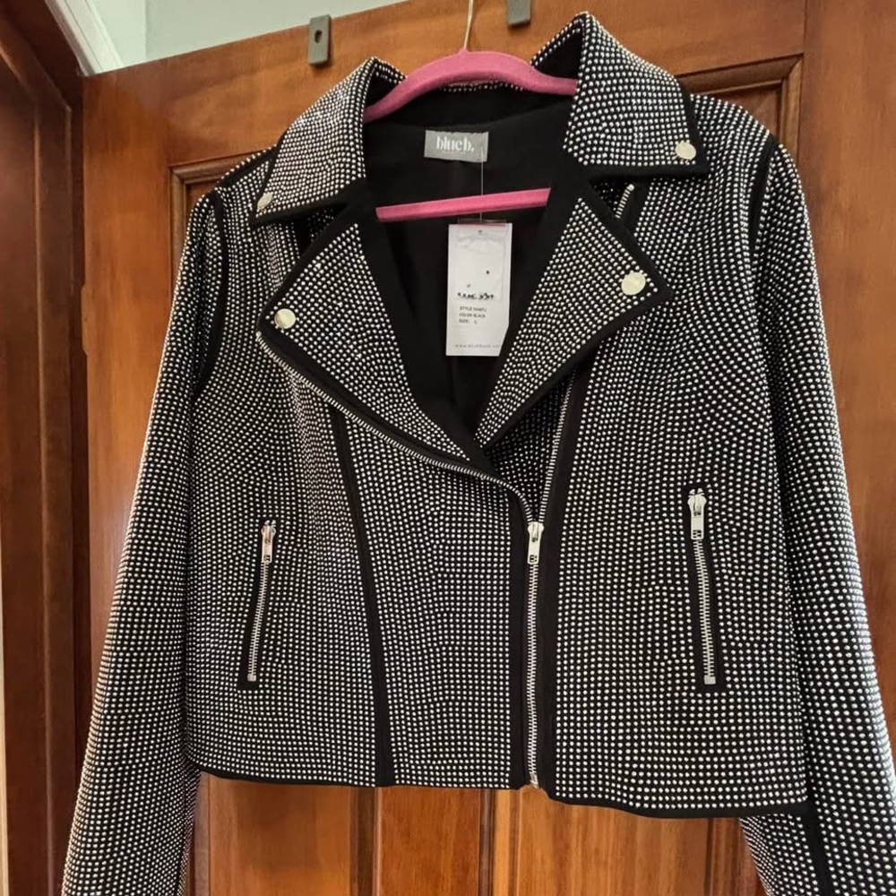 Blue B Feeling Flawless Moto jacket. Size Large  Silver black